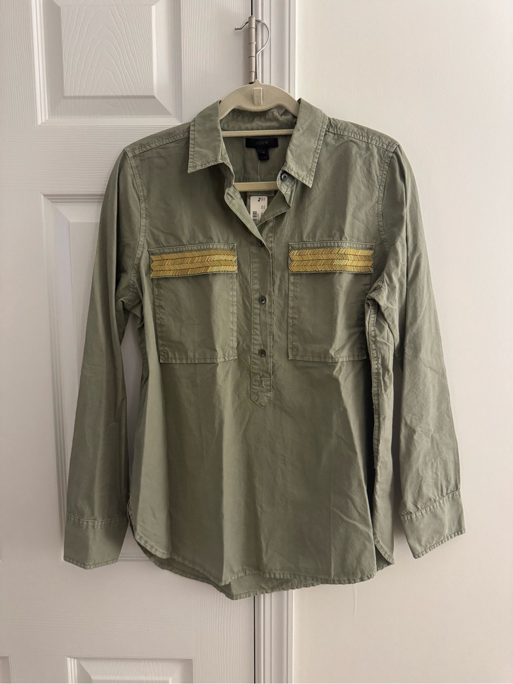 J. Crew Olive Green Button-Down Shirt with Gold Trim